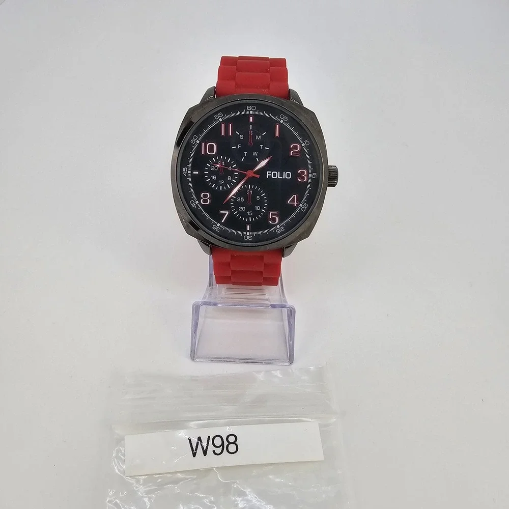 Folio Men's‎ Watch 50MM Black Dial Red Plastic Bands New Battery